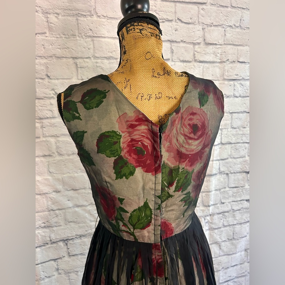 Vintage 50s Dress WOUNDED BIRD Black Pink Floral Midi Evening Formal Party Prom - Picture 12 of 17